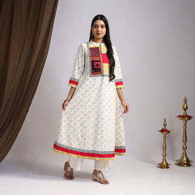 White Artisanal Block Print Cotton A-Line Mangalagiri Kurta for Women