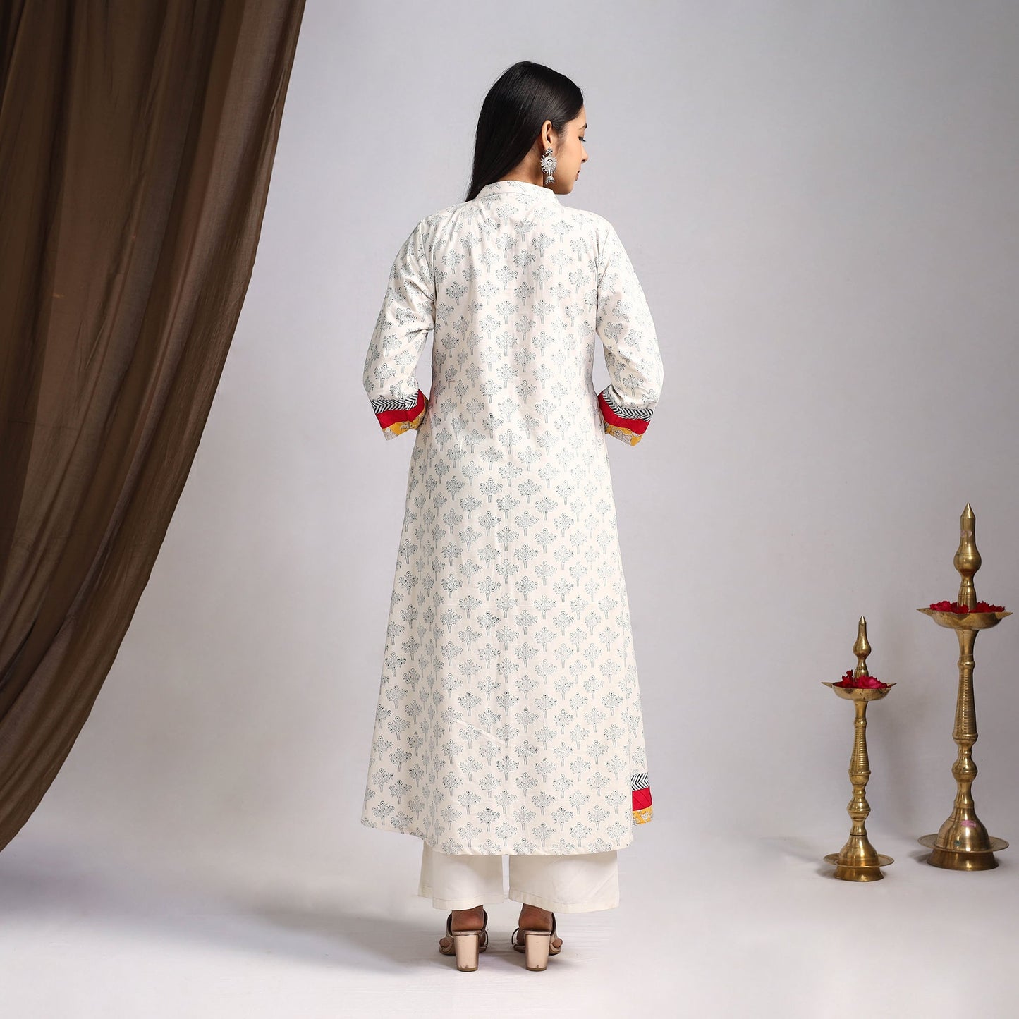 White Artisanal Block Print Cotton A-Line Mangalagiri Kurta for Women