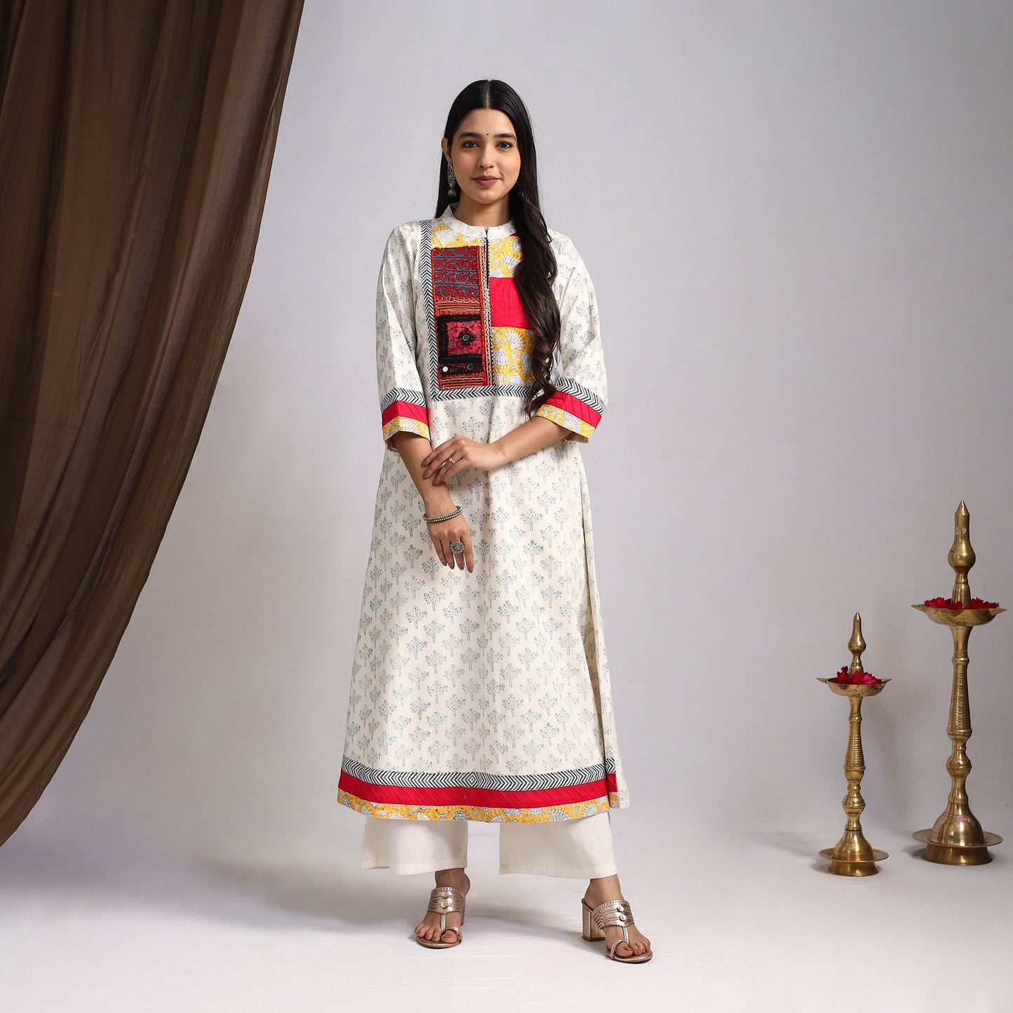 White Artisanal Block Print Cotton A-Line Mangalagiri Kurta for Women