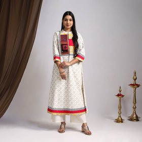 White Artisanal Block Print Cotton A-Line Mangalagiri Kurta for Women