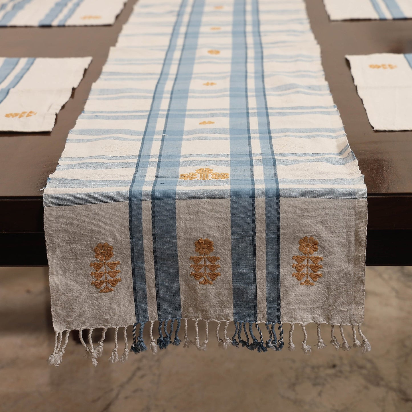 White Assam Weave Dining Table Runner & Set of 4 Placemats in Handloom Cotton