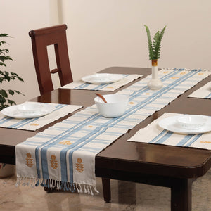 White Assam Weave Dining Table Runner & Set of 4 Placemats in Handloom Cotton