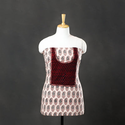 White Bagh Print Cotton Kurta Material with Patchwork