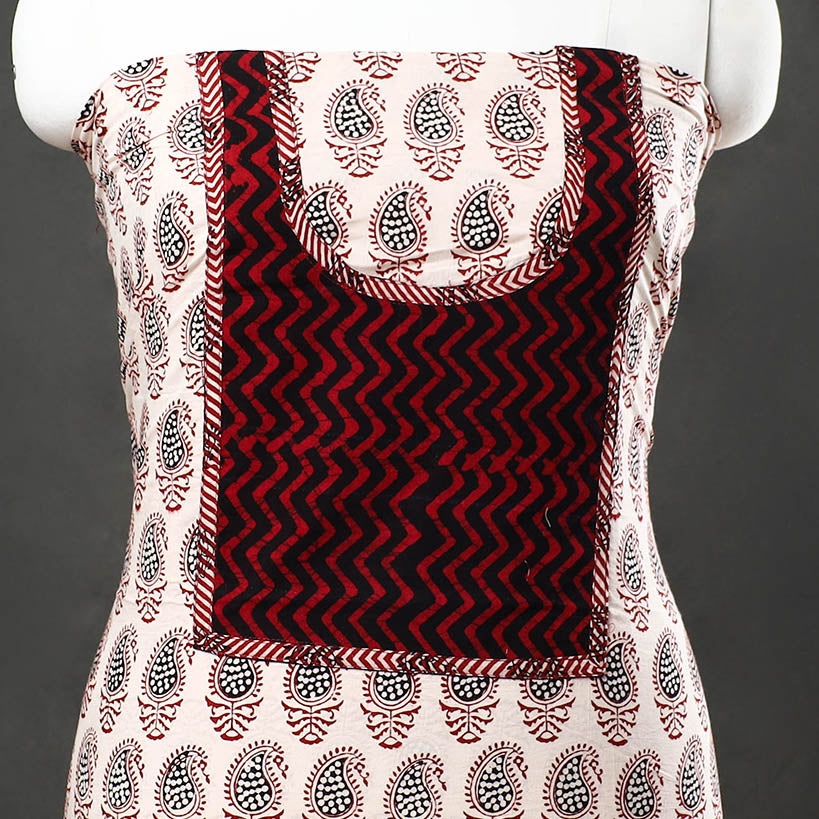 White Bagh Print Cotton Kurta Material with Patchwork