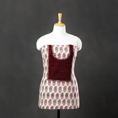 White Bagh Print Cotton Kurta Material with Patchwork