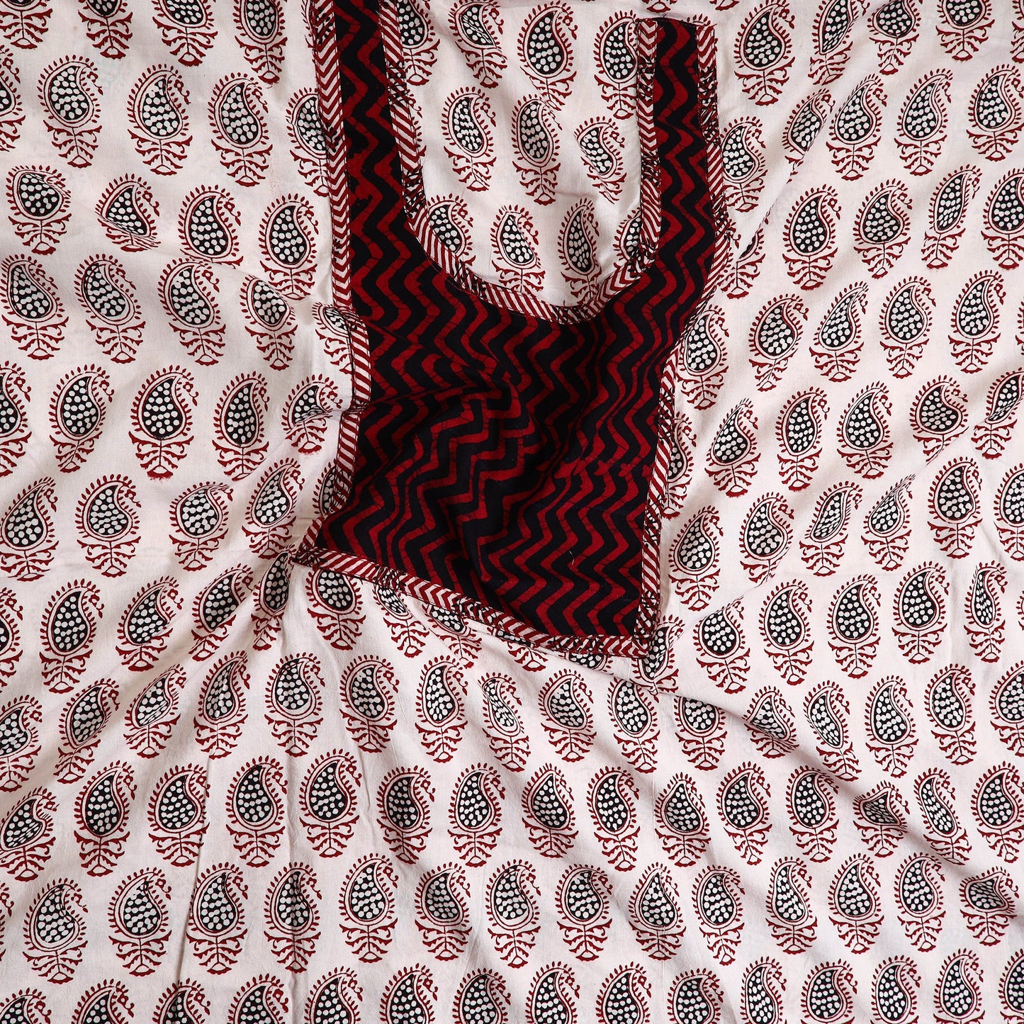 White Bagh Print Cotton Kurta Material with Patchwork