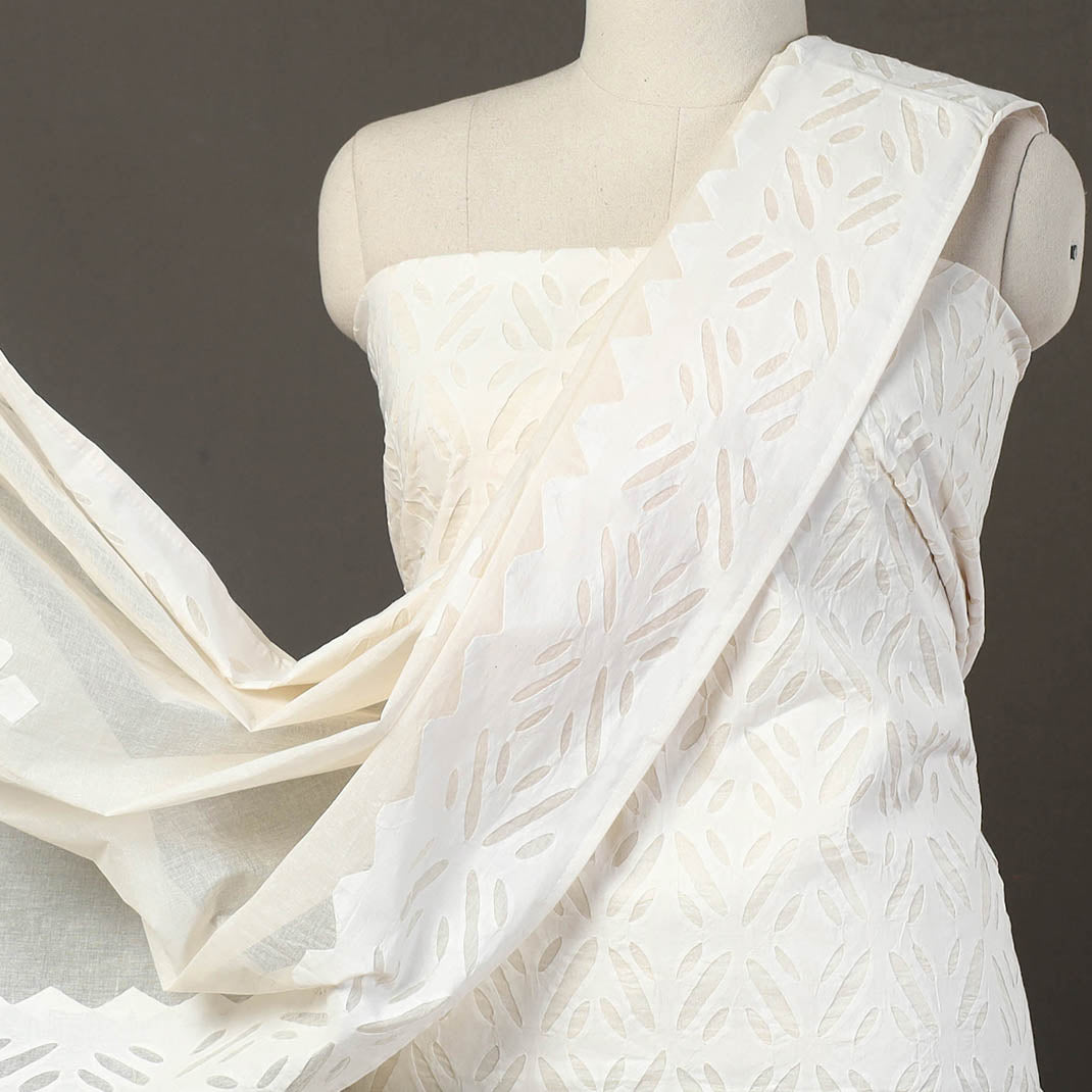 White - 3pc cut work cotton barmer applique dress material