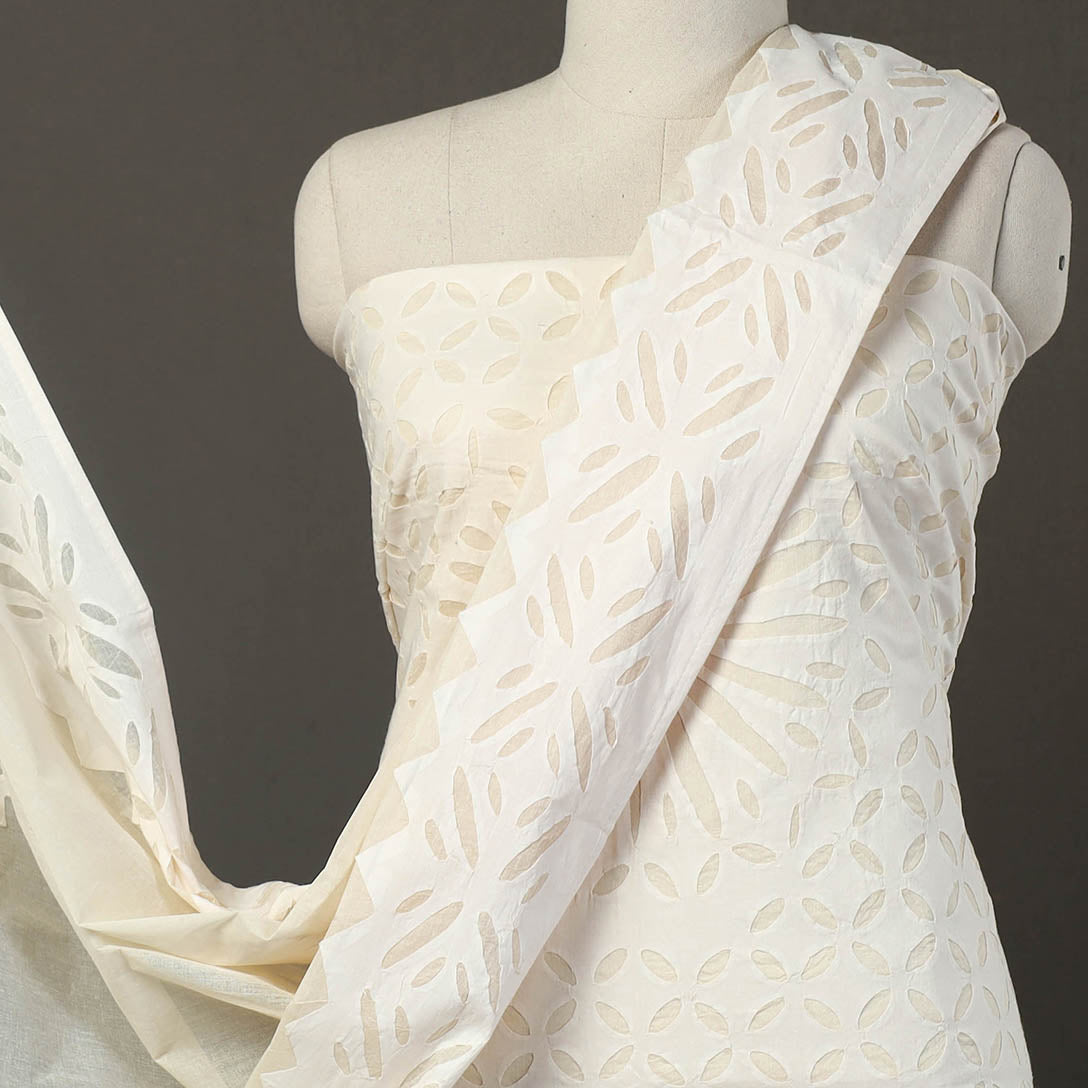  White 3pc Cut Work Cotton Barmer Applique Dress Material