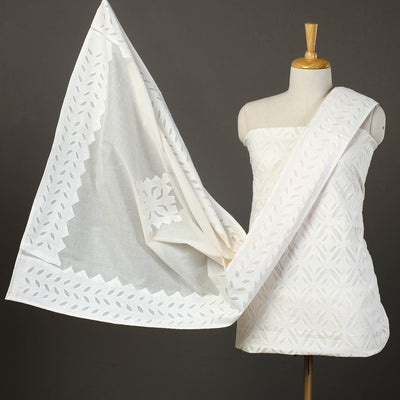 Buy White 3pc Cut Work Cotton Barmer Applique Dress Material