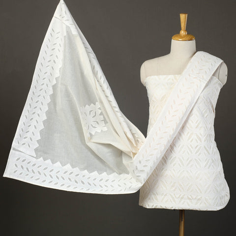 Buy White 3pc Cut Work Cotton Barmer Applique Dress Material