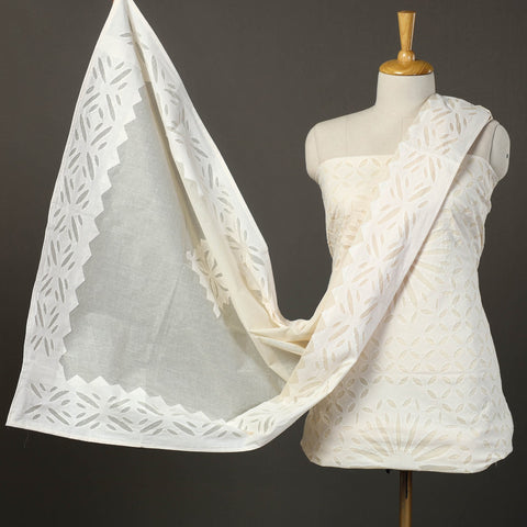  White 3pc Cut Work Cotton Barmer Applique Dress Material