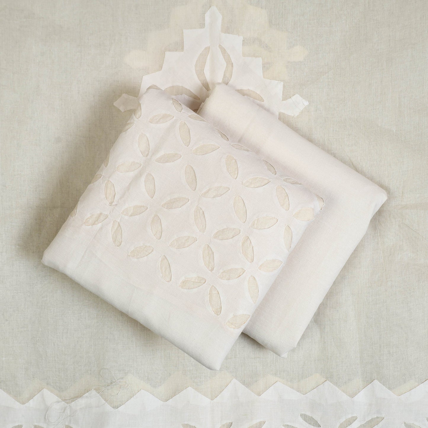  White 3pc Cut Work Cotton Barmer Applique Dress Material