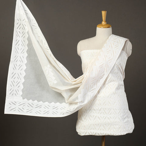 White - 3pc cut work cotton barmer applique dress material