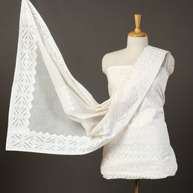 White - 3pc cut work cotton barmer applique dress material