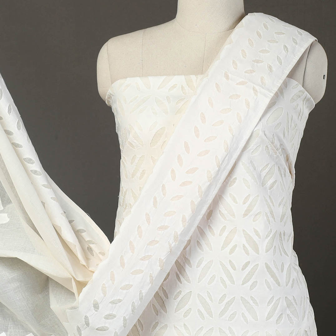 Buy White 3pc Cut Work Cotton Barmer Applique Dress Material