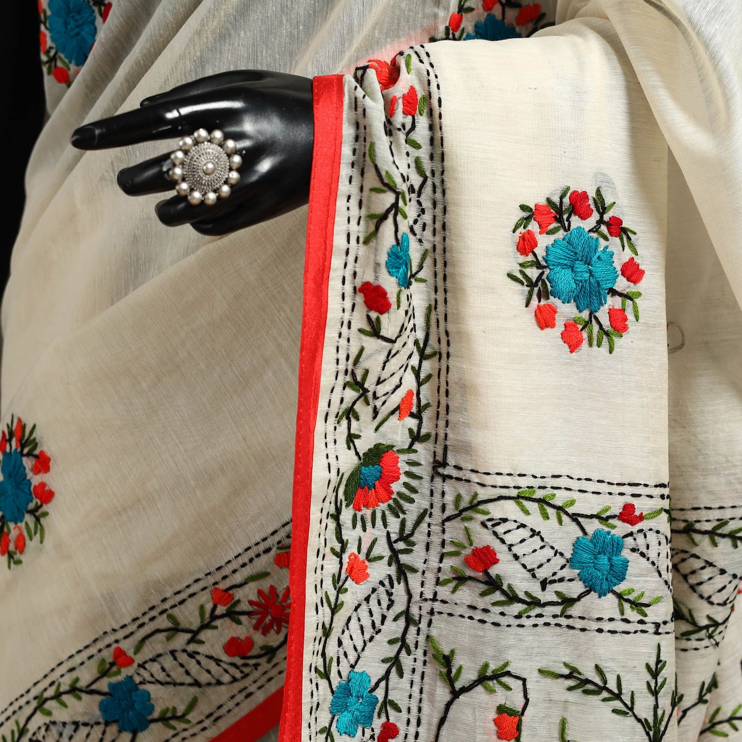 White - bengal chanderi silk hand embroidered saree 01