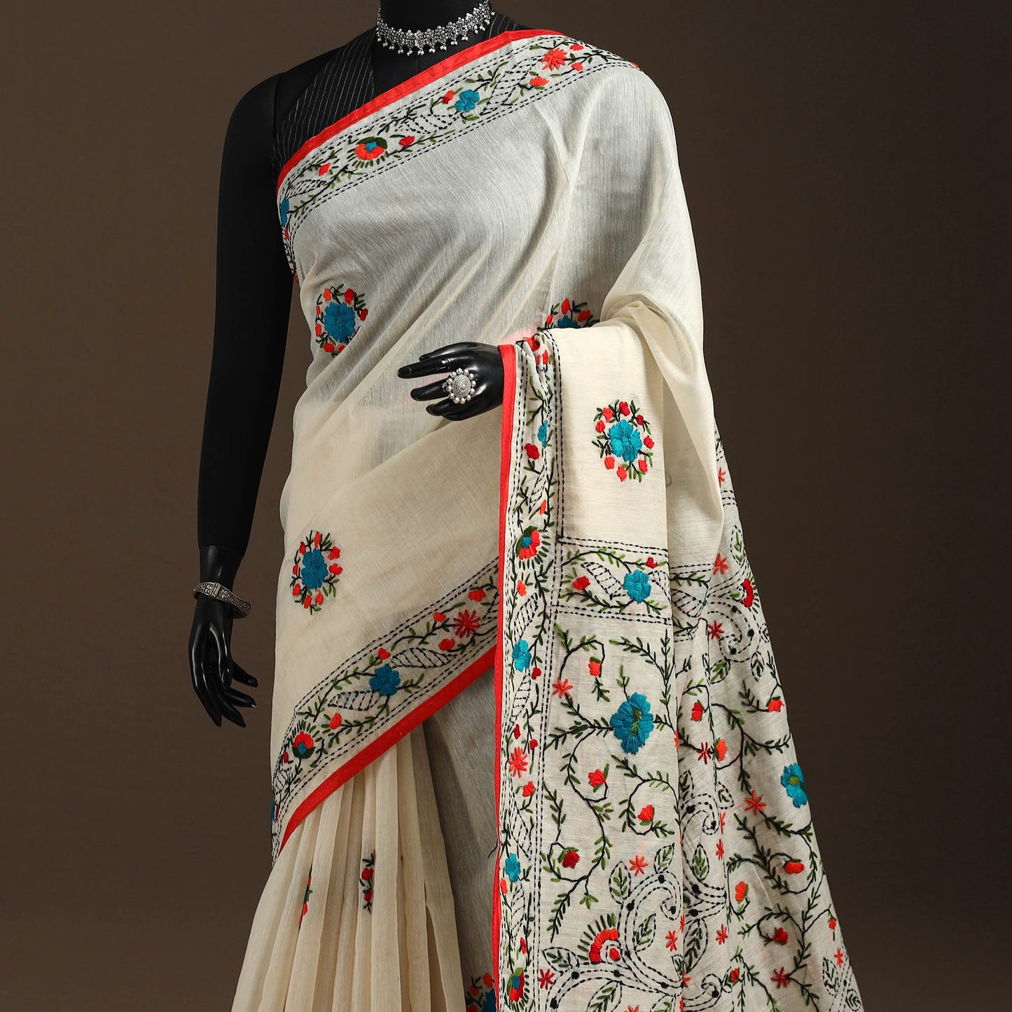 White - bengal chanderi silk hand embroidered saree 01