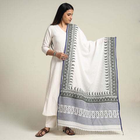 White - Bengal Kantha Embroidered Cotton Handloom Dupatta