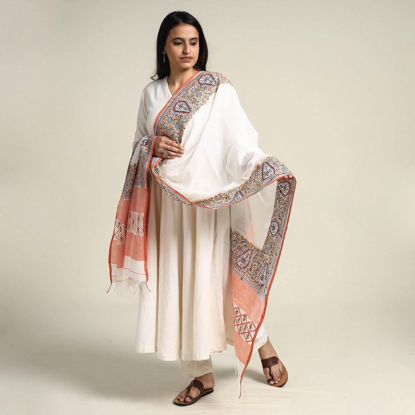 White - Bengal Kantha Embroidered Cotton Handloom Dupatta