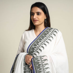 White - Bengal Kantha Embroidered Cotton Handloom Dupatta