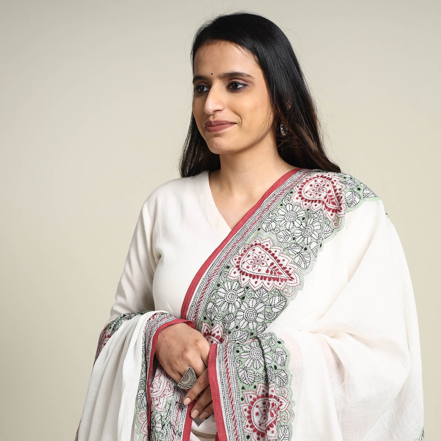  Bengal Kantha Embroidered Cotton Handloom Dupatta 