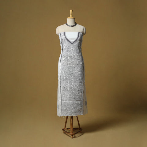 White - bengal kantha hand embroidered unstitched kurta