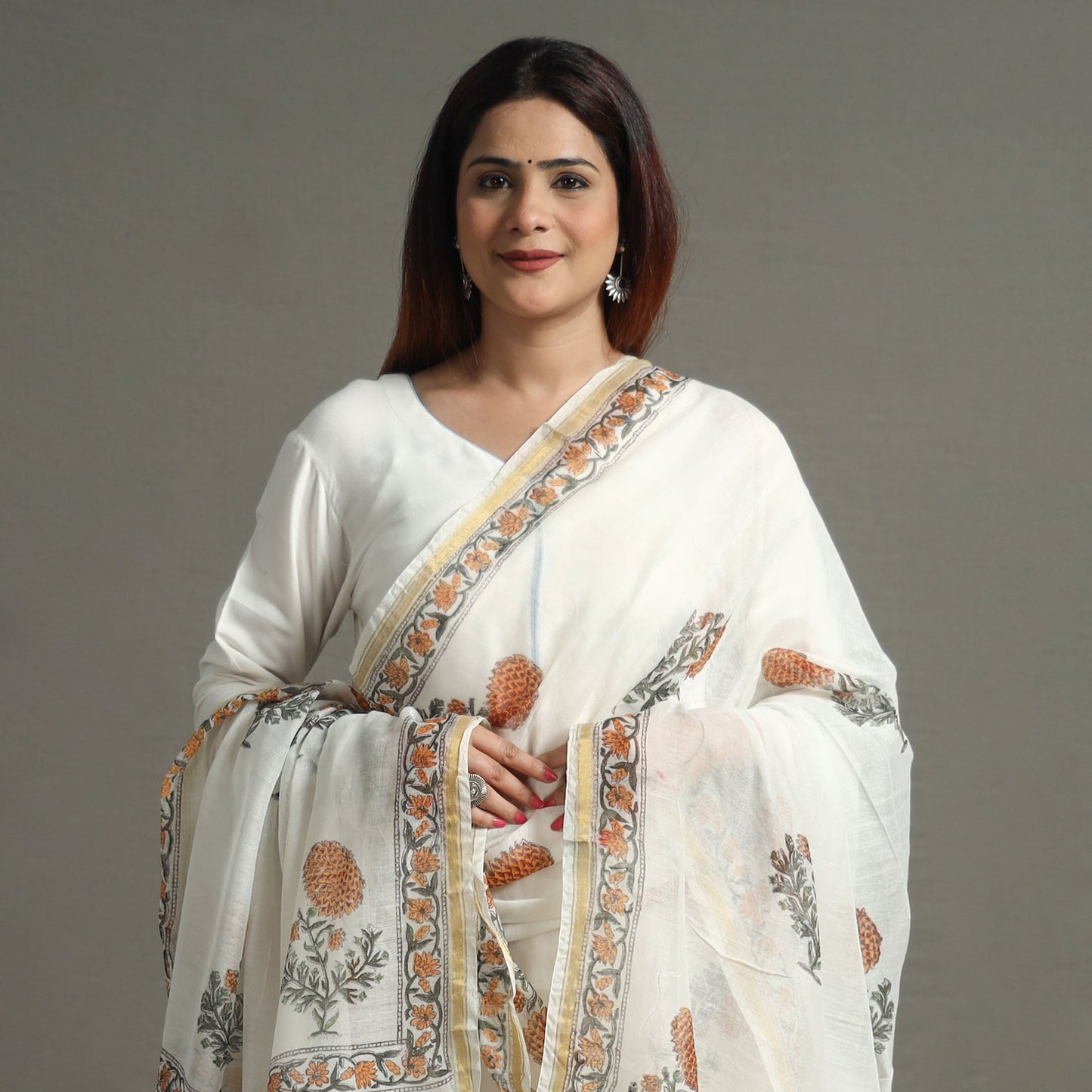 Buy Block Print Chanderi Silk Sanganeri Dupatta
