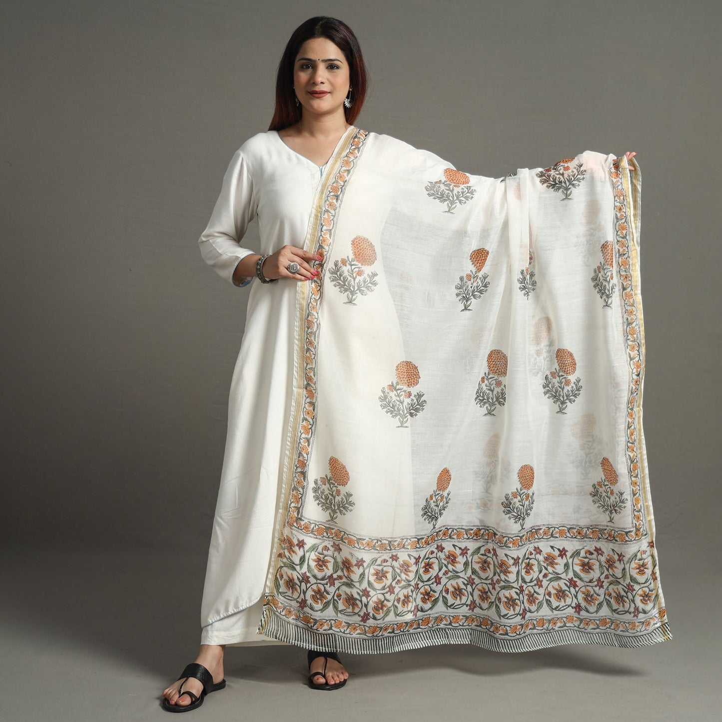 Buy Block Print Chanderi Silk Sanganeri Dupatta