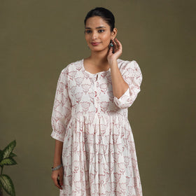 White Block Print Cotton Flared Sanganeri Dress