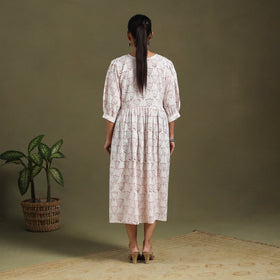 White Block Print Cotton Flared Sanganeri Dress