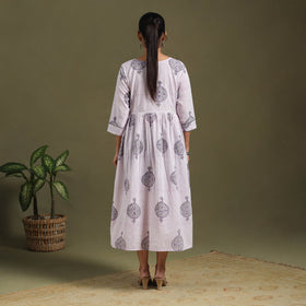 White Block Print Cotton Flared Sanganeri Dress