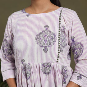 White Block Print Cotton Flared Sanganeri Dress