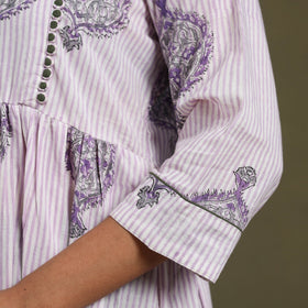 White Block Print Cotton Flared Sanganeri Dress