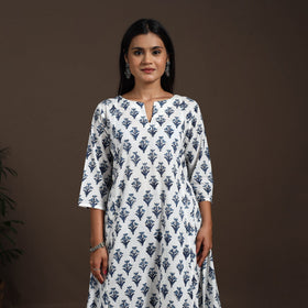 White - cotton a-line sanganeri kurta 03 - handcrafted