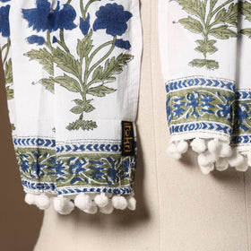 White - cotton sanganeri stole with pom 25 - handcrafted