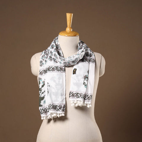 White - cotton sanganeri stole with pom 28 - handcrafted