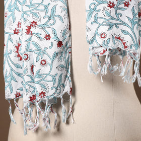 White - cotton sanganeri stole with tassels 02 - handcrafted