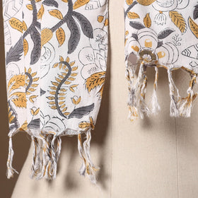 White - cotton sanganeri stole with tassels 09 - handcrafted