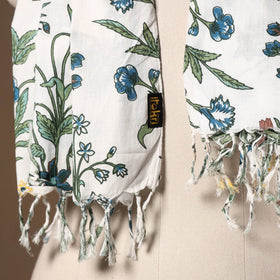 White - cotton sanganeri stole with tassels 12 - handcrafted
