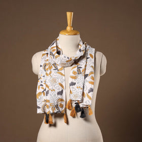 White - cotton sanganeri stole with tassels 35 - handcrafted