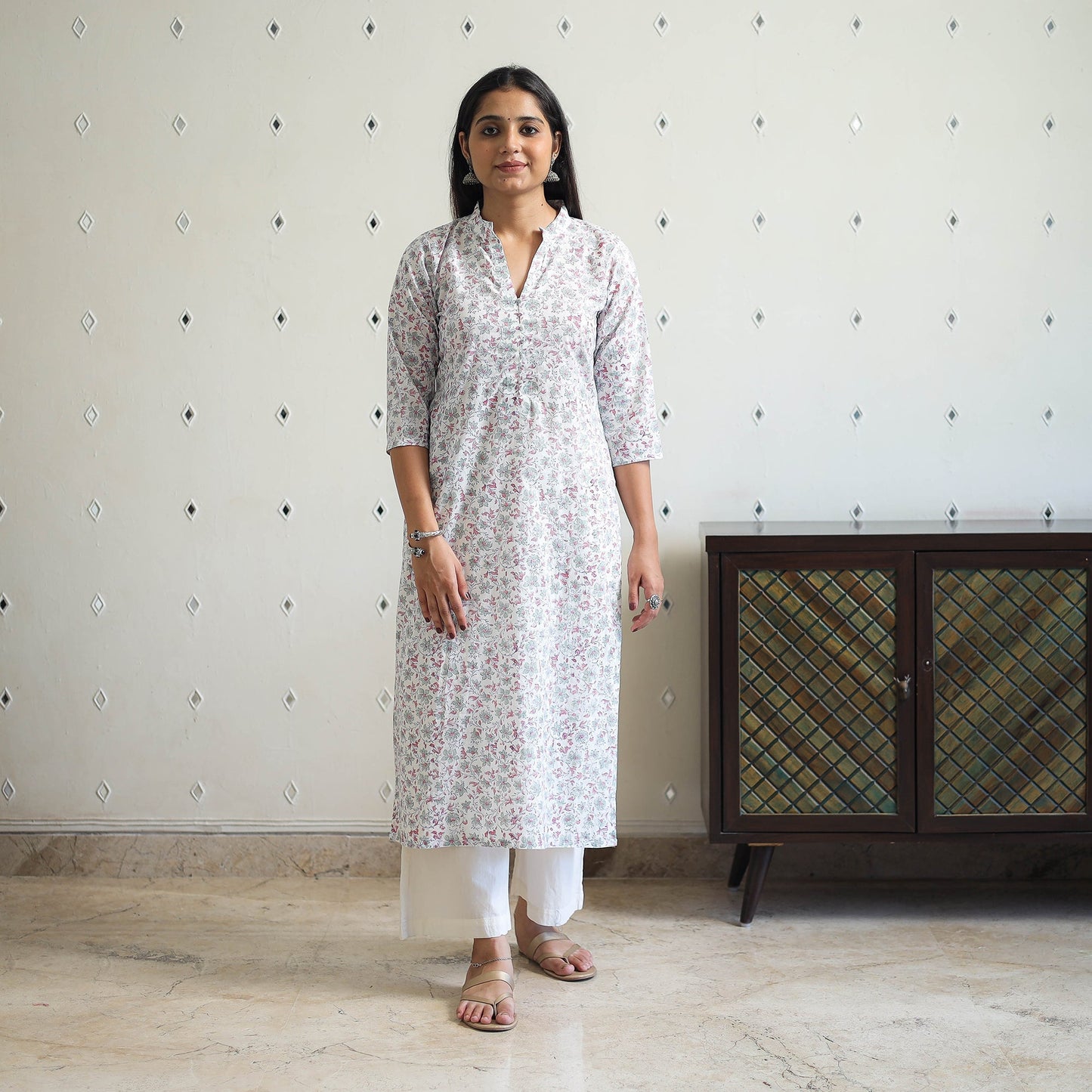 Grey - Block Print Cotton Straight Sanganeri Kurta 05