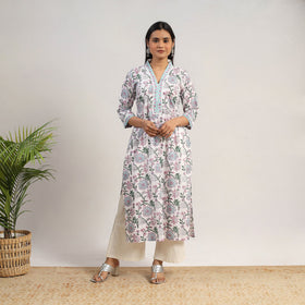 White - Block Print Cotton Straight Sanganeri Kurta 11