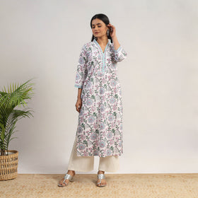 White - Block Print Cotton Straight Sanganeri Kurta 11
