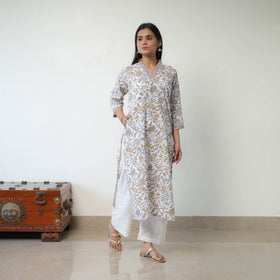 Buy White Straight Cotton Sanganeri Print Kurta for Women