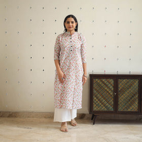 White Block Print Cotton Straight Sanganeri Kurta for Women