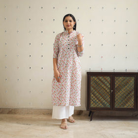 White Block Print Cotton Straight Sanganeri Kurta for Women