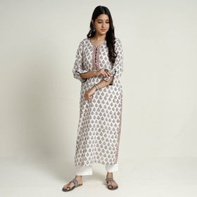 White Block Print Mul Cotton Straight Bagh Kurta for Women