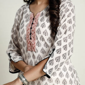 White Block Print Mul Cotton Straight Bagh Kurta for Women