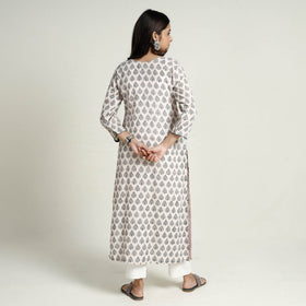 White Block Print Mul Cotton Straight Bagh Kurta for Women