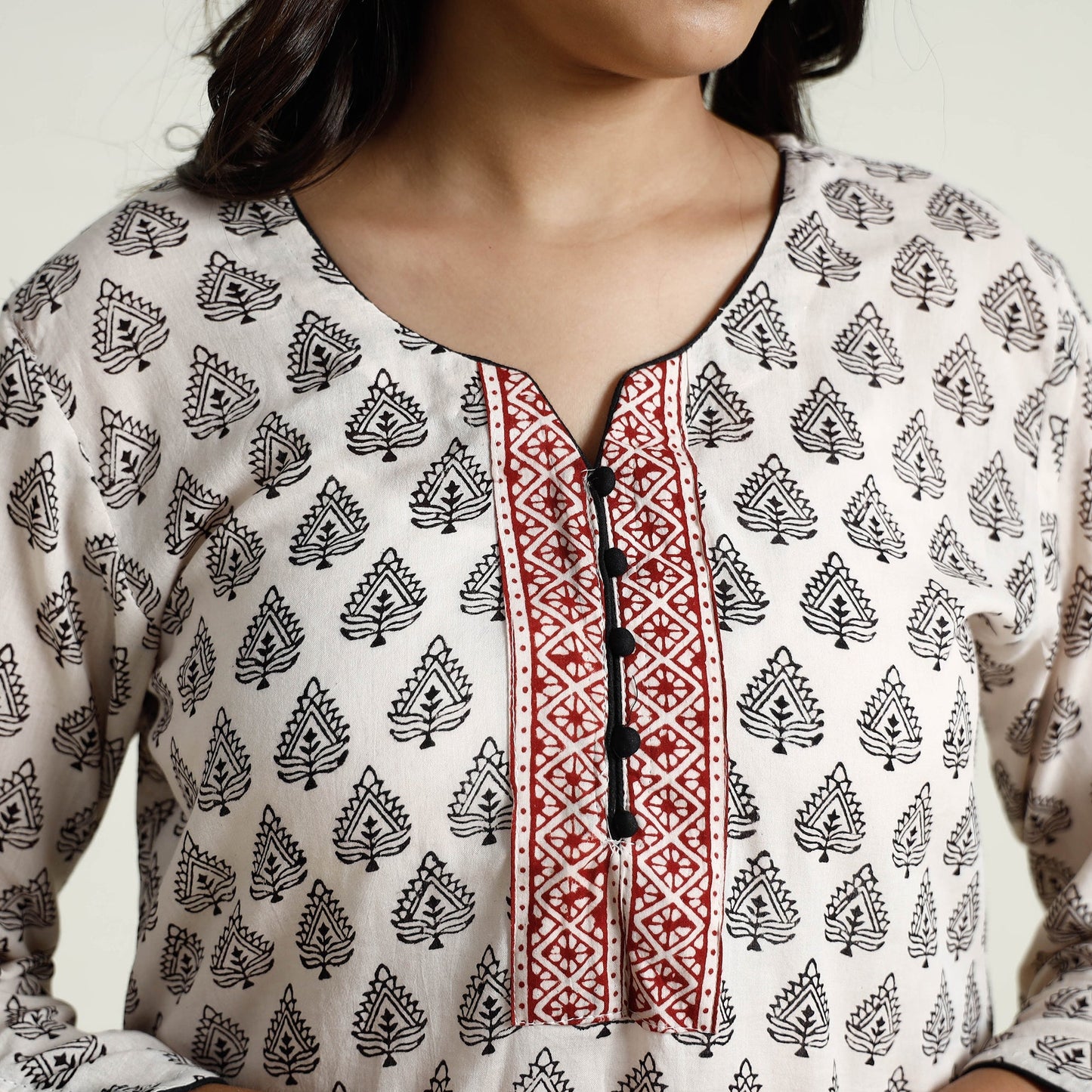 White Block Print Mul Cotton Straight Bagh Kurta for Women